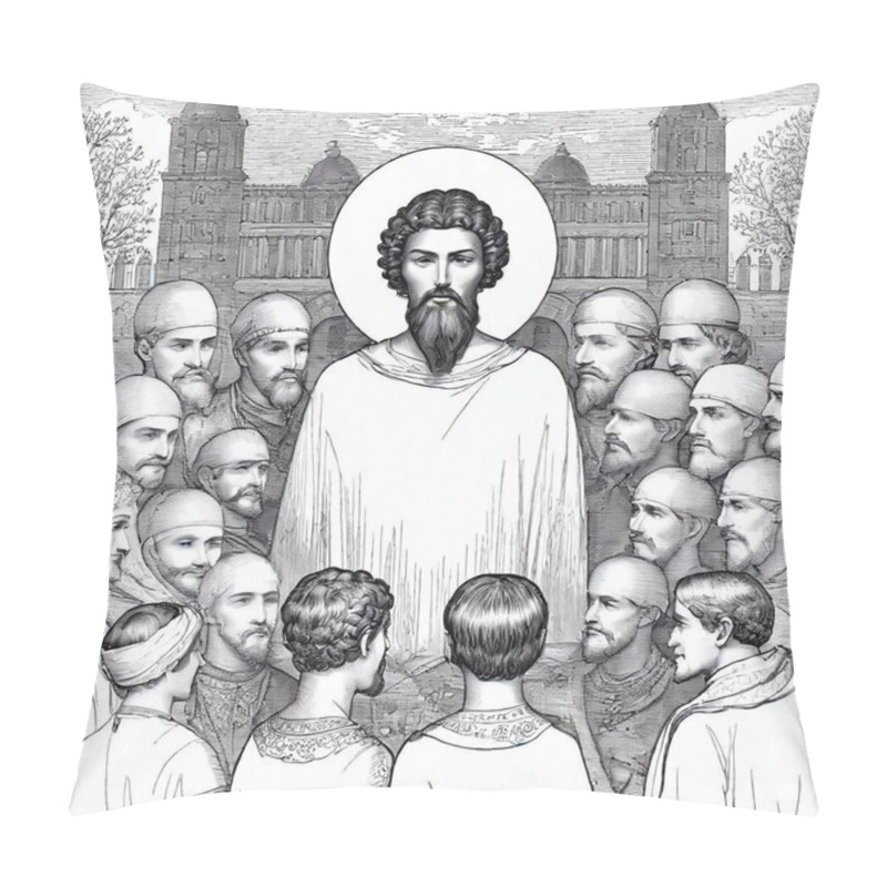 Personality  Create A Black-and-white Image Of The Day Of Pentecost As Described In The Acts Of The Apostles. Show The Apostles Gathered Together, With Tongues Of Fire Appearing Above Their Heads, And The Holy Spirit Descending Upon Them. Incorporate Ethiopian Pillow Covers