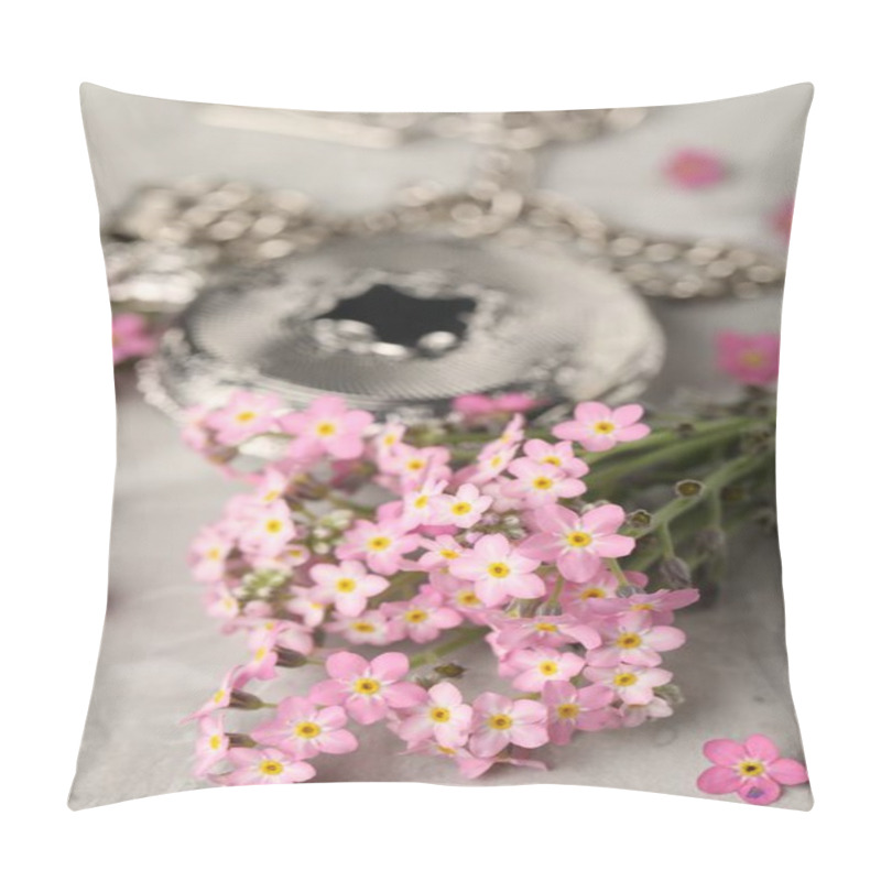 Personality  Beautiful Forget-me-not Flowers And Pocket Watch On Grey Table, Closeup Pillow Covers