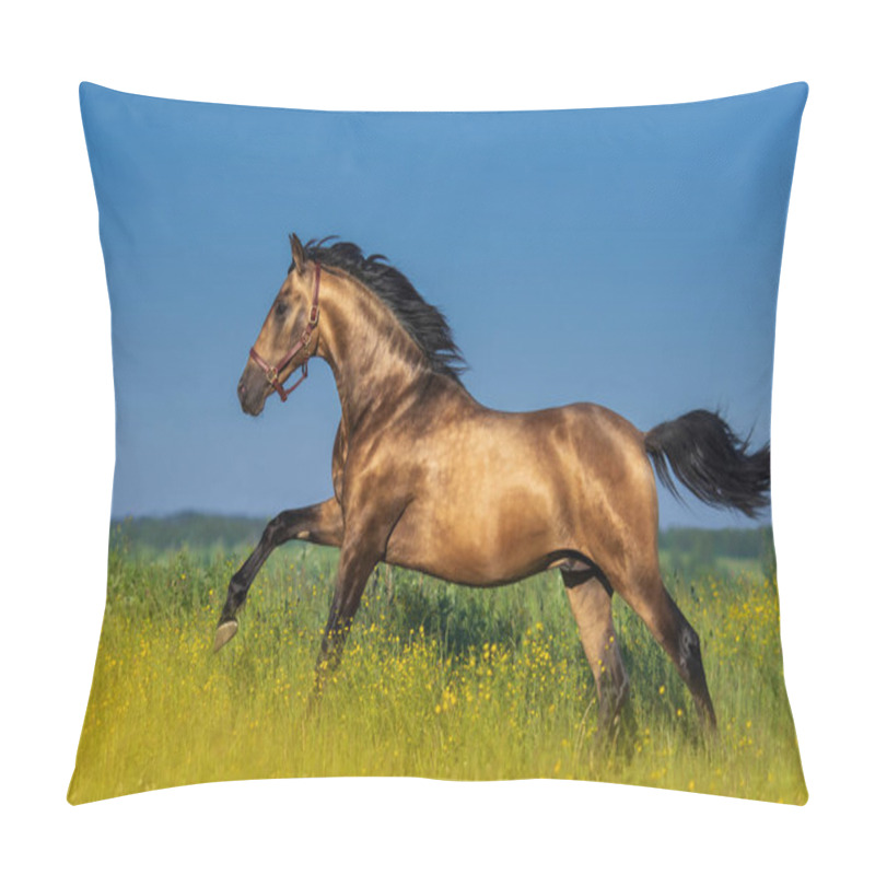 Personality  Golden Bay Andalusian Horse In Blooming Meadow. Pillow Covers