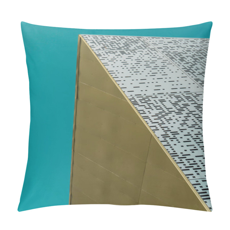 Personality  Abstract Architecture Detail. Minimal Aesthetics. Golden Facade Panels And Perforated Aluminum Panels Against Clear Blue Sky. High Resolution Photography. Pillow Covers