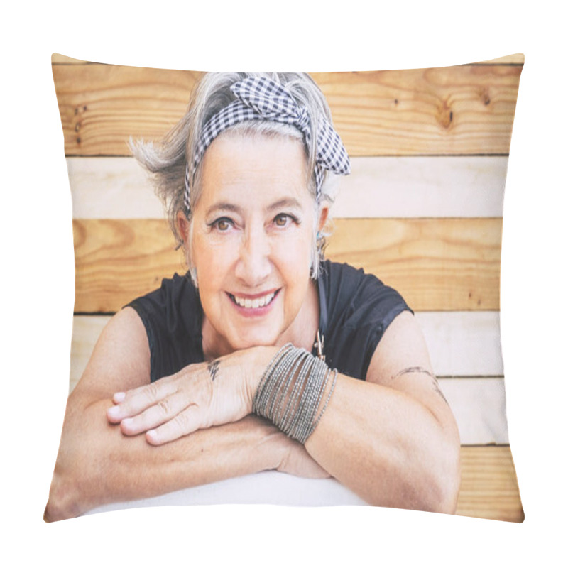 Personality  Portrait Of Cheerful Caucasian Senior Happy Woman With Wood Background - Alternative And Young Old Female Smile And Enjoy - Tatooed Skin For Diversity Concept And Age - Youthful Lifestyle Pillow Covers