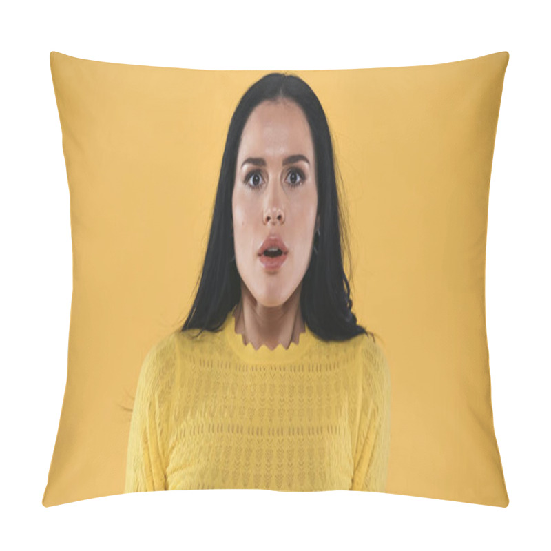 Personality  Shocked And Scared Brunette Woman Looking At Camera Isolated On Yellow Pillow Covers