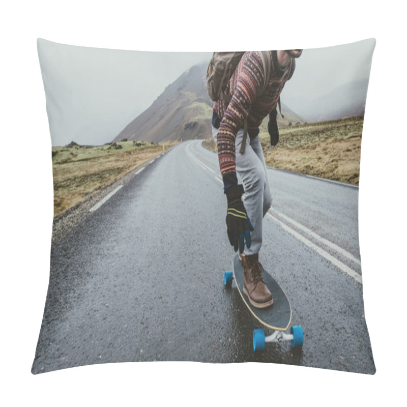 Personality  Skater Traveling Iceland On His Longboard Pillow Covers