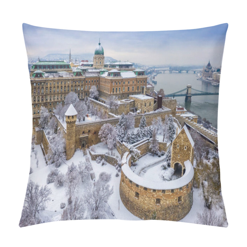 Personality  Budapest, Hungary - Aerial View Of The Snowy Buda Castle Royal Palace From Above With The Szechenyi Chain Bridge And Parliament Of Hungary At Winter Time Pillow Covers