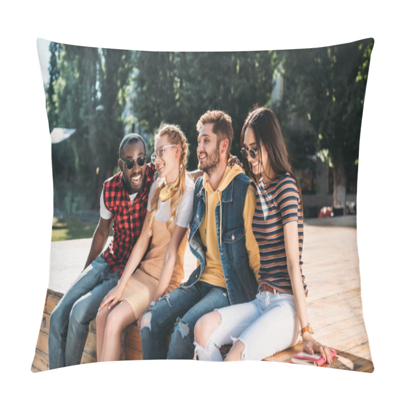 Personality  Multicultural Cheerful Couples Sitting On Wooden Parapet Together Pillow Covers