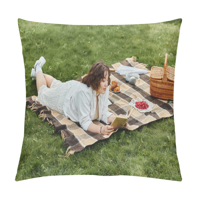 Personality  A Young Woman In A White Shirt Relaxes On A Blanket, Savoring A Book And Fresh Fruits Under The Summer Sun. Pillow Covers