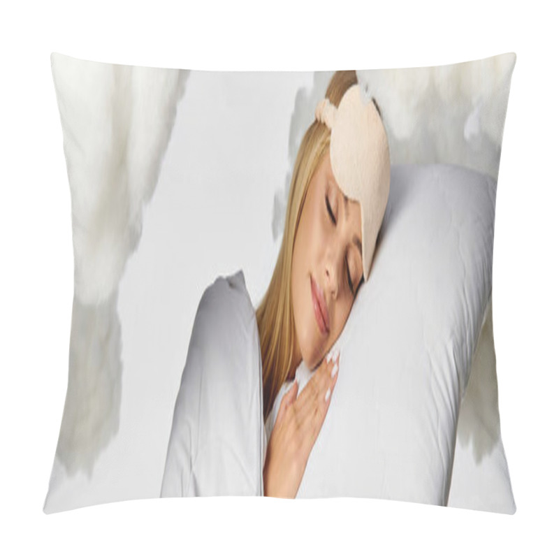 Personality  A Blonde Woman In Cozy Pajamas Peacefully Sleeping On A Pillow Among Fluffy Clouds. Pillow Covers