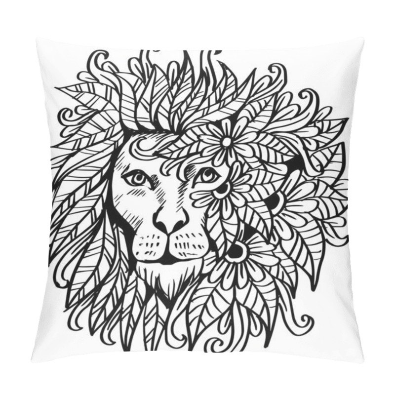 Personality  Doodle Hand Draw Of Lion Head Decorative With Floral Element Pillow Covers