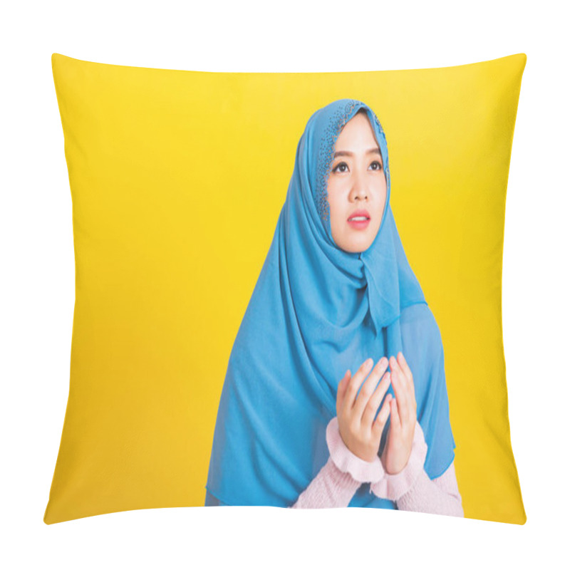 Personality  Asian Muslim Arab, Portrait Of Happy Beautiful Young Woman Religious Wearing Veil Hijab She Henna Decorated Hands Praying To Allah God, Isolated On Yellow Background, Eid Mubarak And Soul Fasting Pillow Covers