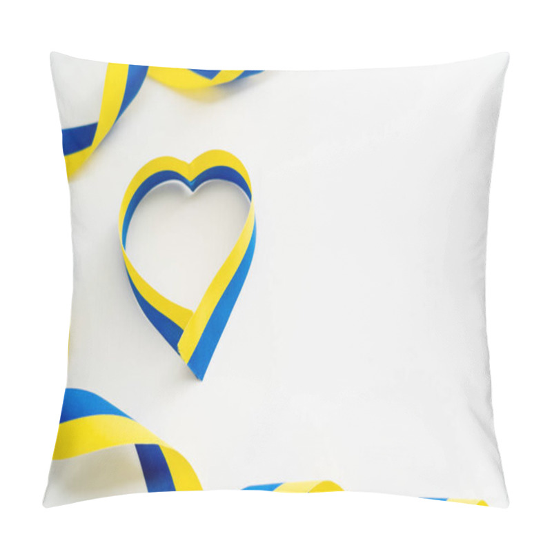 Personality  Top View Of Blue And Yellow Ribbons In Heart Shape On White Background Pillow Covers