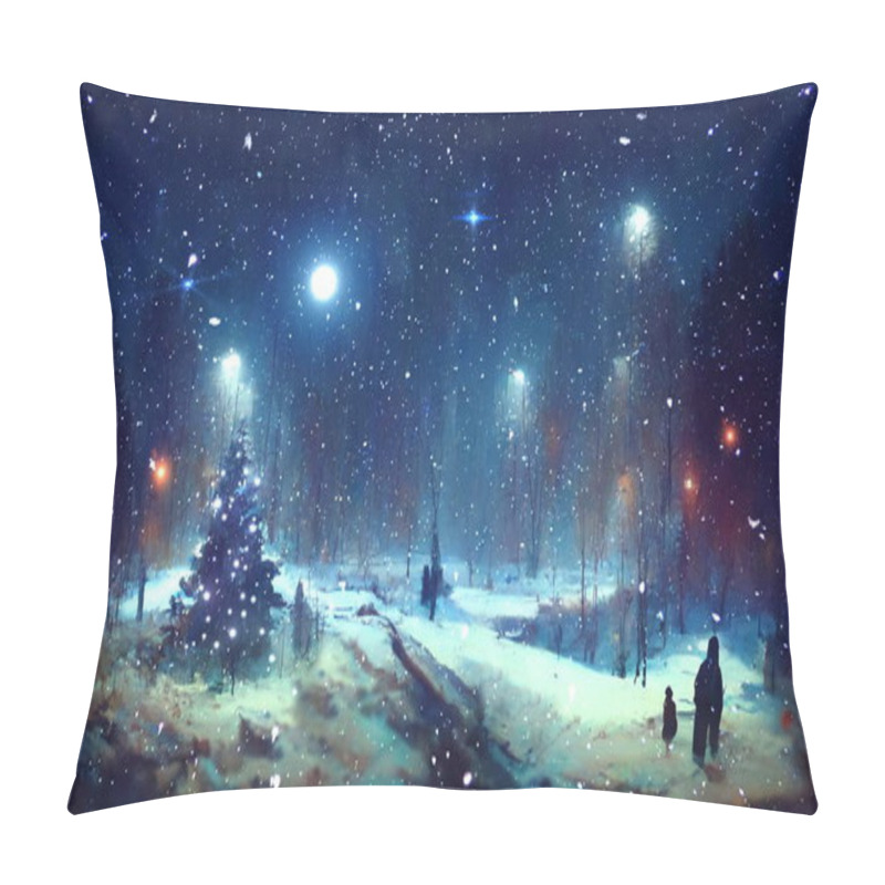 Personality  Winter Blue Starry Night Sky And Bright Moon ,snowy Green Tree Christmas Fairy In City Park ,snow Flakes Fall , Nature Landscape Abstract Art Painting Pillow Covers