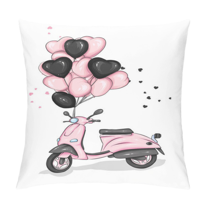 Personality  Moped With Heart-shaped Balloons. Motorcycle. Vector Illustration For Greeting Card Or Poster. Love, Friendship, Valentine's Day. Pillow Covers