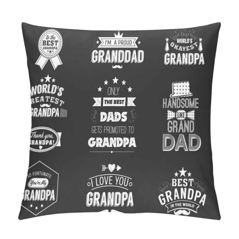 Personality  Isolated Grandfathers Quotes On The Black Background. Grandpa Congratulation Label, Badge Vector Collection. Granddads Mustache, Hat, Stars Elements For Your Design. Pillow Covers