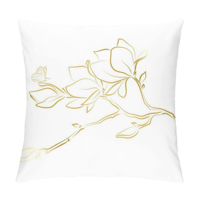 Personality  Elegant Golden Outline Sketching Of Magnolia Flowers, Vector Illustration Pillow Covers