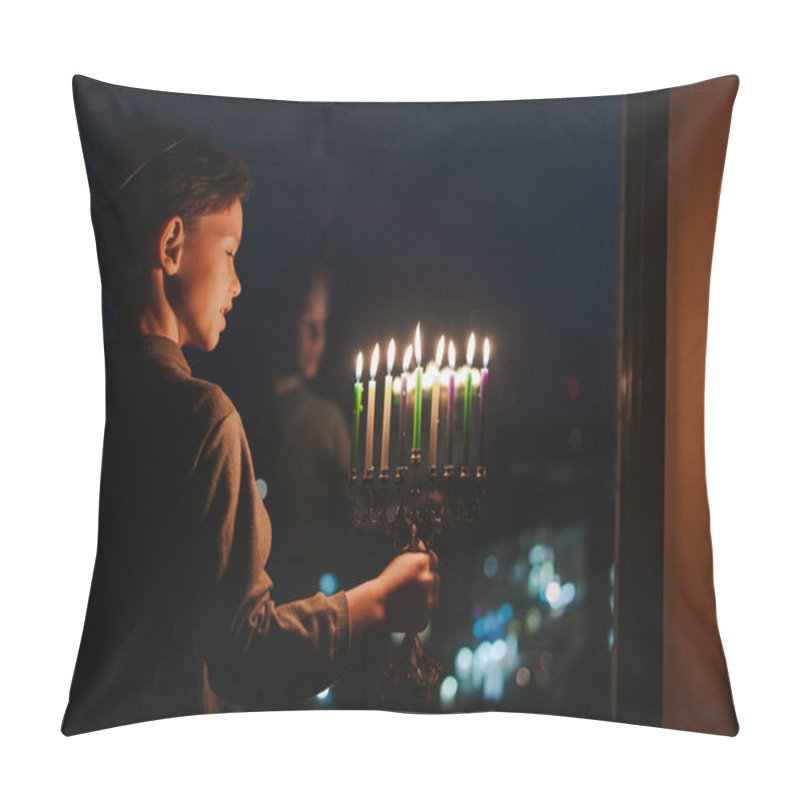 Personality  The Child Lights The Menorah For Hanukkah On The Windowsill. The Boy In The Kippah Sitting By The Window. Jewish Holiday. Tradition Is A Religious Ritual. Sunset. The First Star. Judaism Pillow Covers