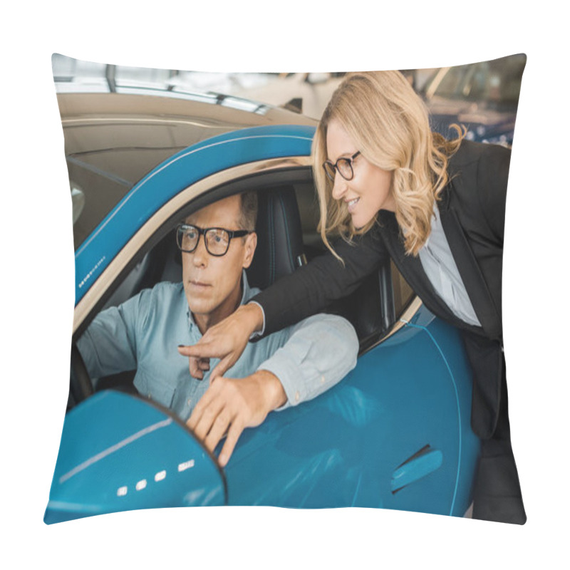 Personality  Adult Man Sitting In Sport Car At Showroom While Female Car Dealer Standing Outside Pillow Covers