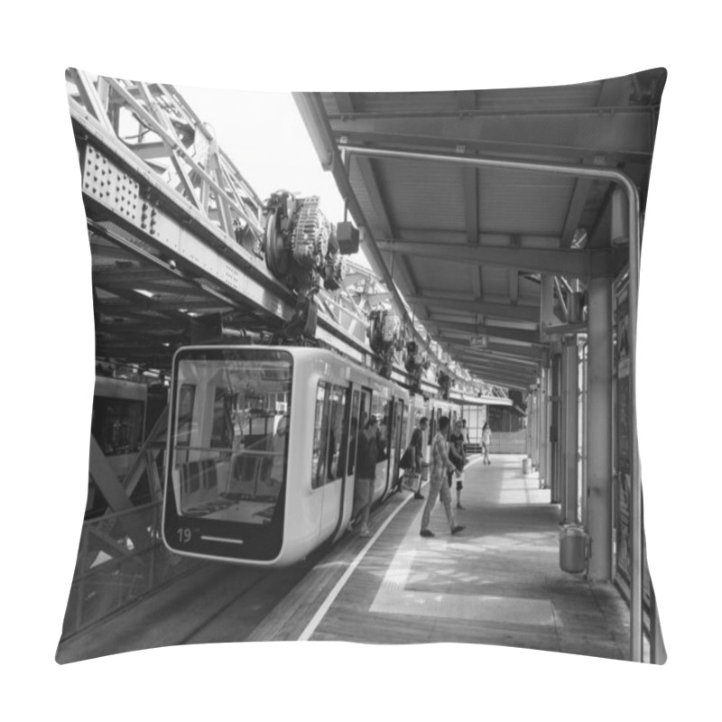 Personality  WUPPERTAL, GERMANY - CIRCA AUGUST 2019: Wuppertaler Schwebebahn (meaning Wuppertal Suspension Railway) Above River Wupper Is The Oldest Electric Elevated Railway With Hanging Cars In The World In Black And White Pillow Covers