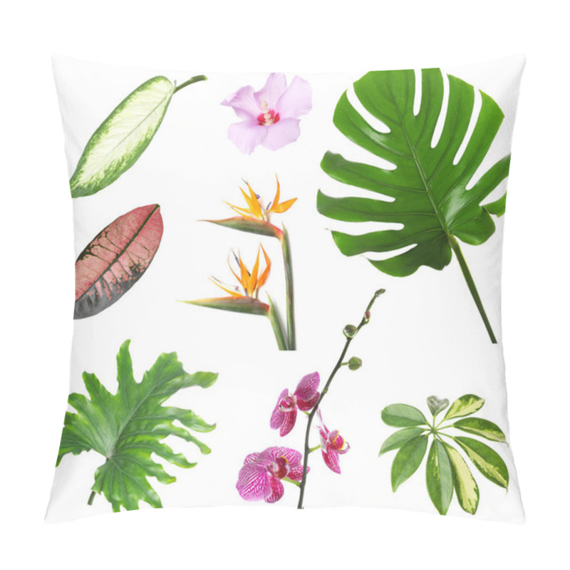 Personality  Set Of Beautiful Tropical Leaves And Flowers On White Background Pillow Covers