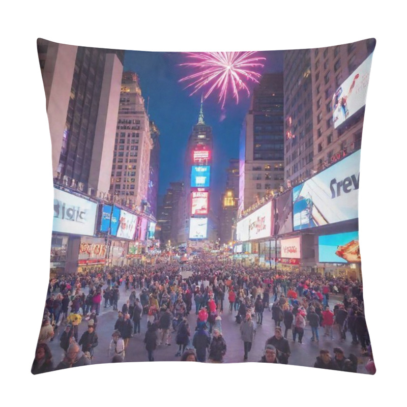 Personality  A Vibrant Scene Capturing The Iconic Times Square In New York City During New Year's Eve. Colorful Fireworks Light Up The Night Sky As Confetti Cascades Down Around A Jubilant Crowd Of People Celebrating, Holding Signs And Cheering For The New Year. Pillow Covers