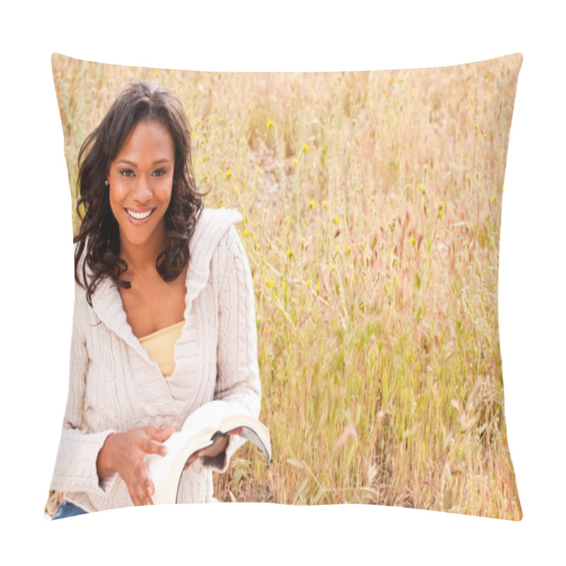 Personality  Happy Woman Sitting Outside Reading. Pillow Covers