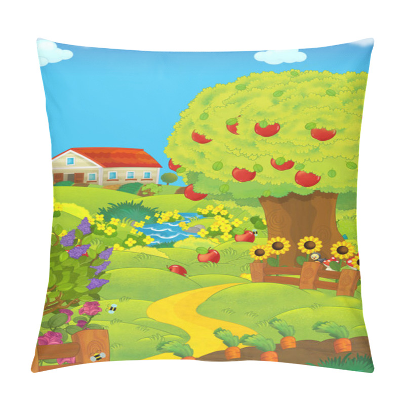 Personality  Cartoon Scene With Farm Fields And Barn By The Day And Apple Trees - Illustration For Children Pillow Covers