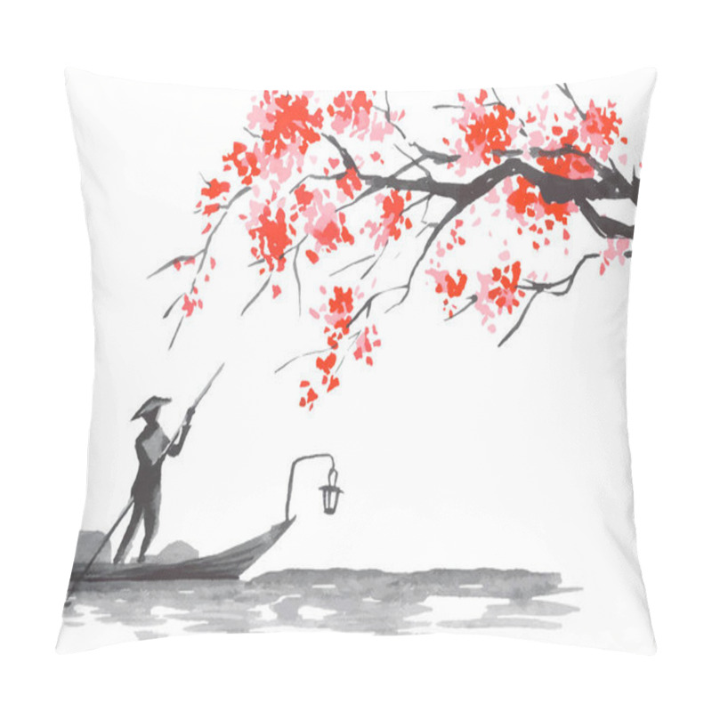 Personality  Japan Traditional Sumi-e Painting. Fuji Mountain, Sakura, Sunset. Japan Sun. Indian Ink Vector Illustration. Japanese Picture. Pillow Covers