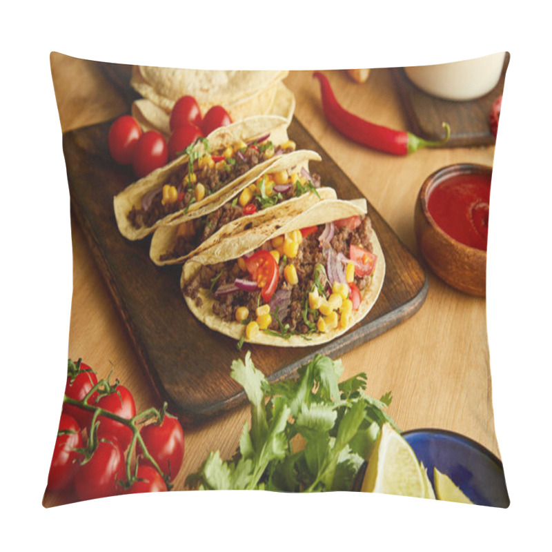 Personality  Traditional Mexican Tacos With Vegetables And Parsley On Wooden Table Pillow Covers