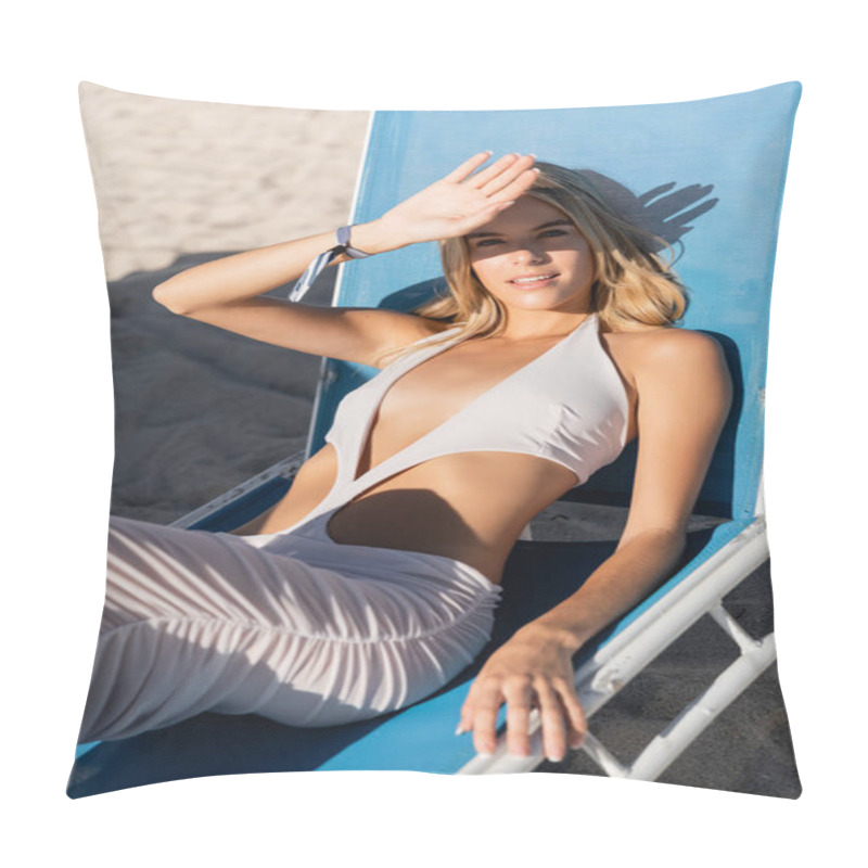 Personality  A Young, Beautiful Blonde Woman Sits Serenely In A Chair On Miami Beach, Enjoying The Sun And The Sound Of The Waves. Pillow Covers