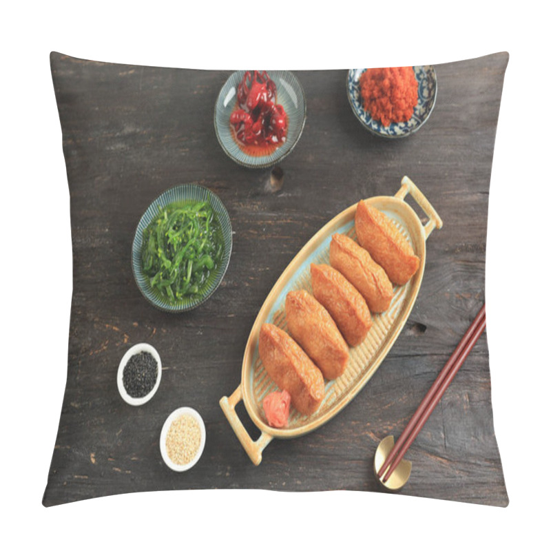 Personality  Top View Inari Pocket Tofu Sushi  On Black Table, Japanese Sushi  Pillow Covers