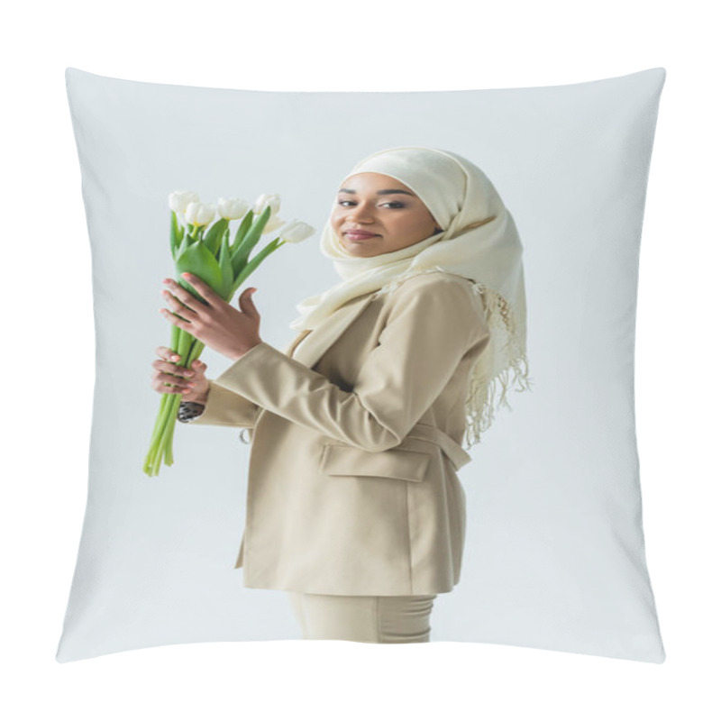 Personality  Happy Muslim Woman In Hijab Holding Tulips Isolated On Grey Pillow Covers