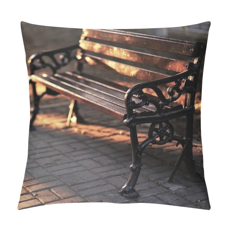 Personality  Brown Wooden Bench With Black Forging On The Handles In The Park Pillow Covers