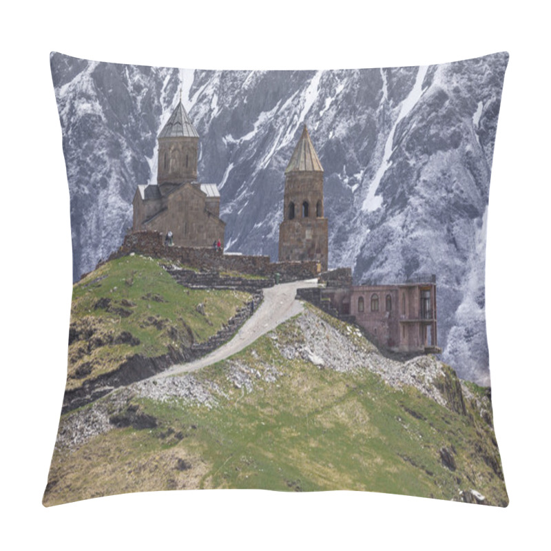 Personality  Georgia, Stepantsminda-Sameba. Ancient Gergeti Trinity Church Hi Pillow Covers