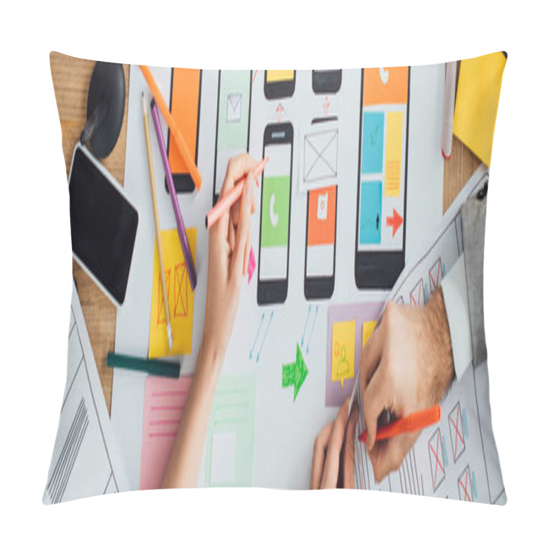 Personality  Top View Of Designers Creative App Interface For User Experience Design Near Layouts And Smartphone On Table, Panoramic Shot Pillow Covers