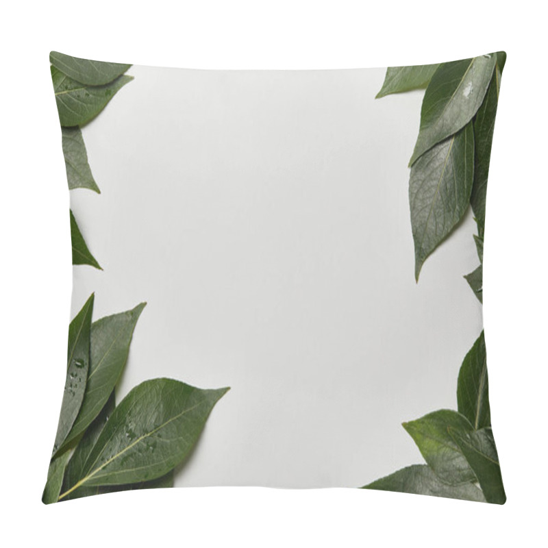 Personality  Green Wet Leaves Scattered On White Background With Copy Space Pillow Covers