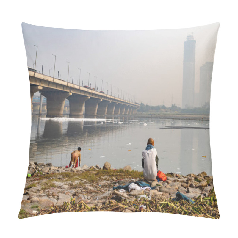 Personality  Devotee Performing Holy Rituals At Polluted River Shore With Toxic Foam At Misty Morning Image Is Taken At Yamuna River Okhla Barrage Delhi India. Pillow Covers