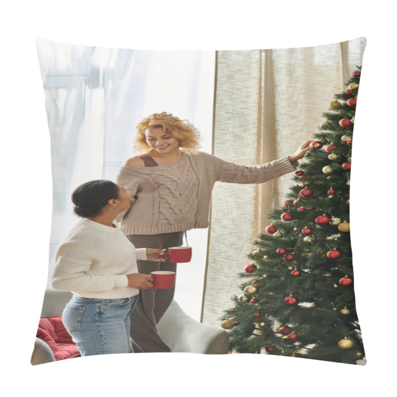 Personality  Two Women Brighten Their Home By Decorating A Christmas Tree Together In Joyful Warmth. Pillow Covers