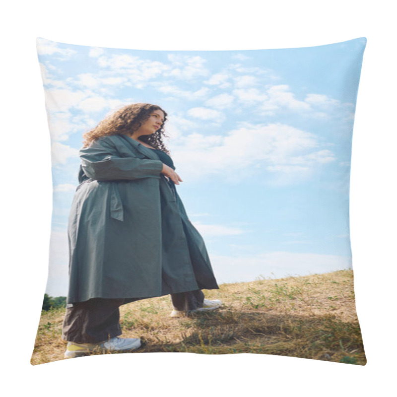 Personality  A Confident Plus Size Woman Enjoys Nature While Standing In A Scenic Field On A Sunny Day. Pillow Covers