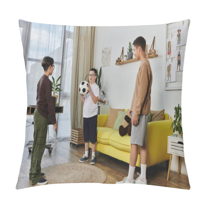 Personality  Three Boys Play Soccer Indoors, With A Yellow Couch And A Large Window In The Background. Pillow Covers