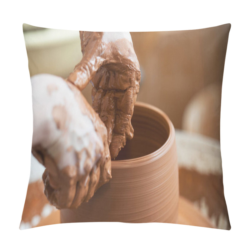 Personality  Ceramist Hand Making A Vase With Clay On The Potter's Wheel Pillow Covers