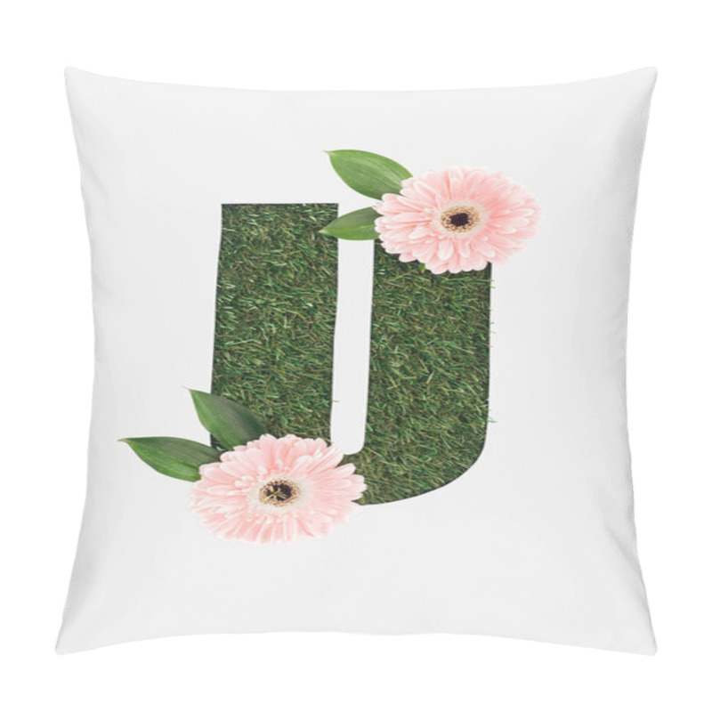 Personality  Top View Of Cut Out U Letter On Green Grass Background With Leaves And Pink Gerberas Isolated On White Pillow Covers