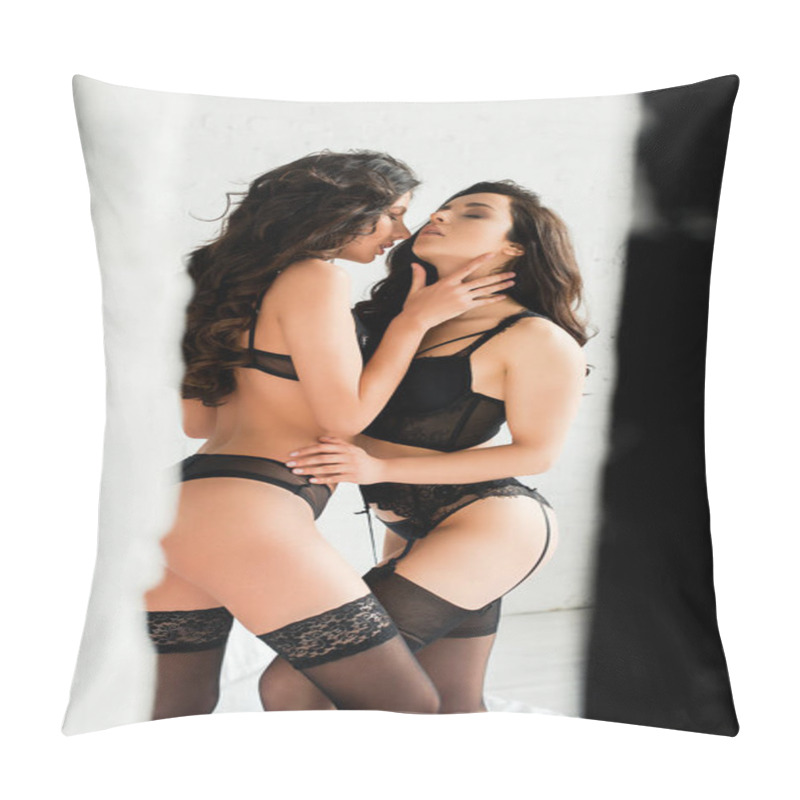 Personality  Brunette Passionate Homosexual Couple In Black Lingerie Hugging In Bedroom Pillow Covers