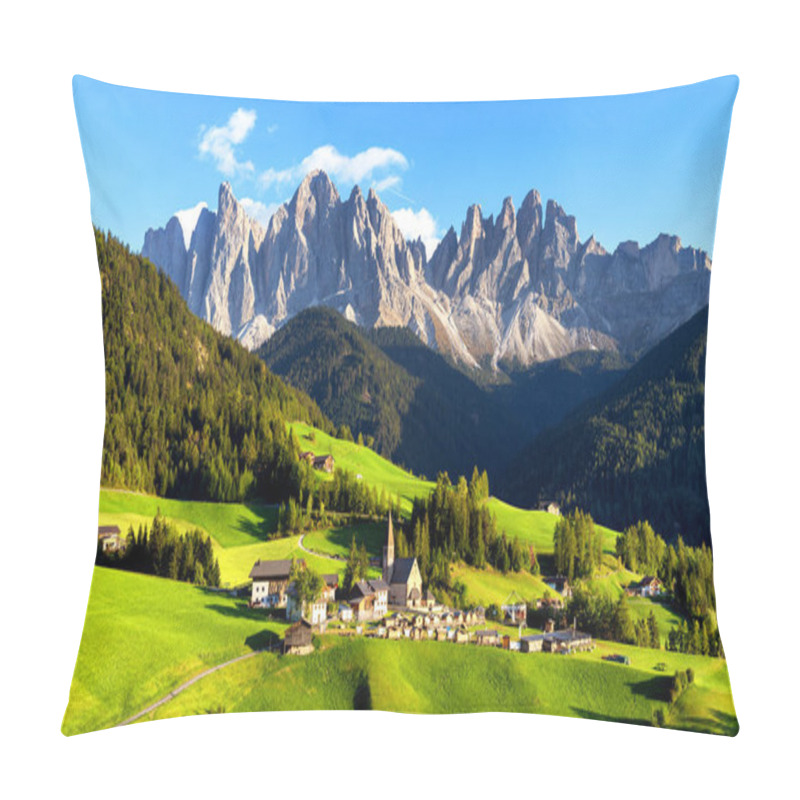 Personality  Panoramic View Of Geisler Or Odle Dolomites Mountain Peaks In Santa Maddalena (Sankt Magdalena) In The Val Di Funes In Italy (Italia) Pillow Covers