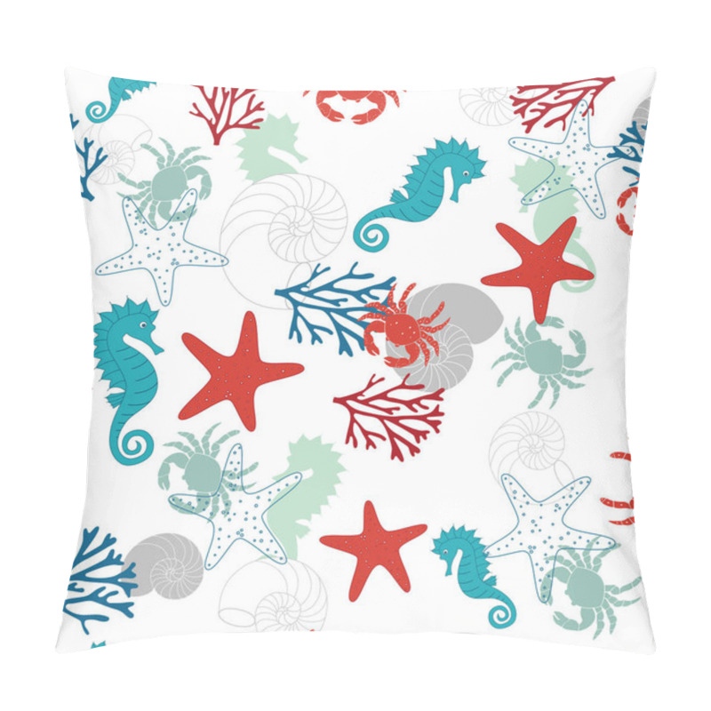 Personality  Seamless Pattern With Seahorse, Crab, Starfish, Shells And Corals, Background With Sea Elements, Wallpaper With Underwater Inhabitants Pillow Covers