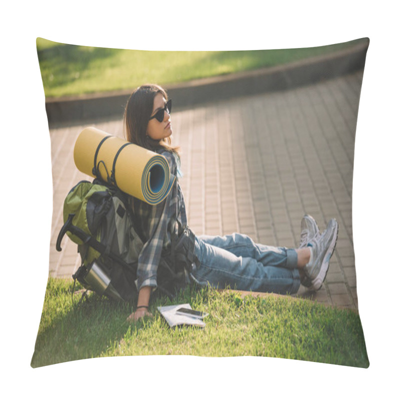 Personality  Young Female Traveler With Backpack Resting On Green Grass At Sunset Pillow Covers