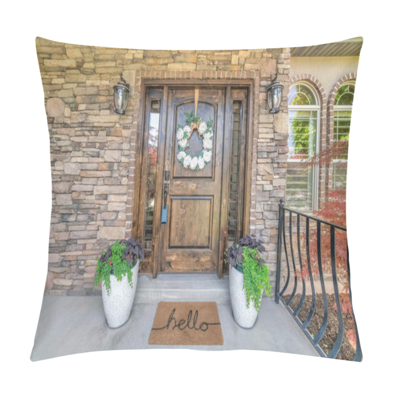 Personality  Dark Wooden Front Door With Decorative Plants And Wreath Pillow Covers