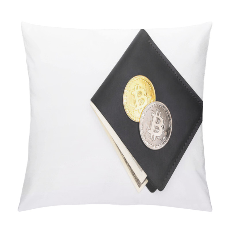 Personality  KYIV, UKRAINE - APRIL 26, 2022: Top View Of Crypto Coins On Wallet With Dollars Isolated On White  Pillow Covers