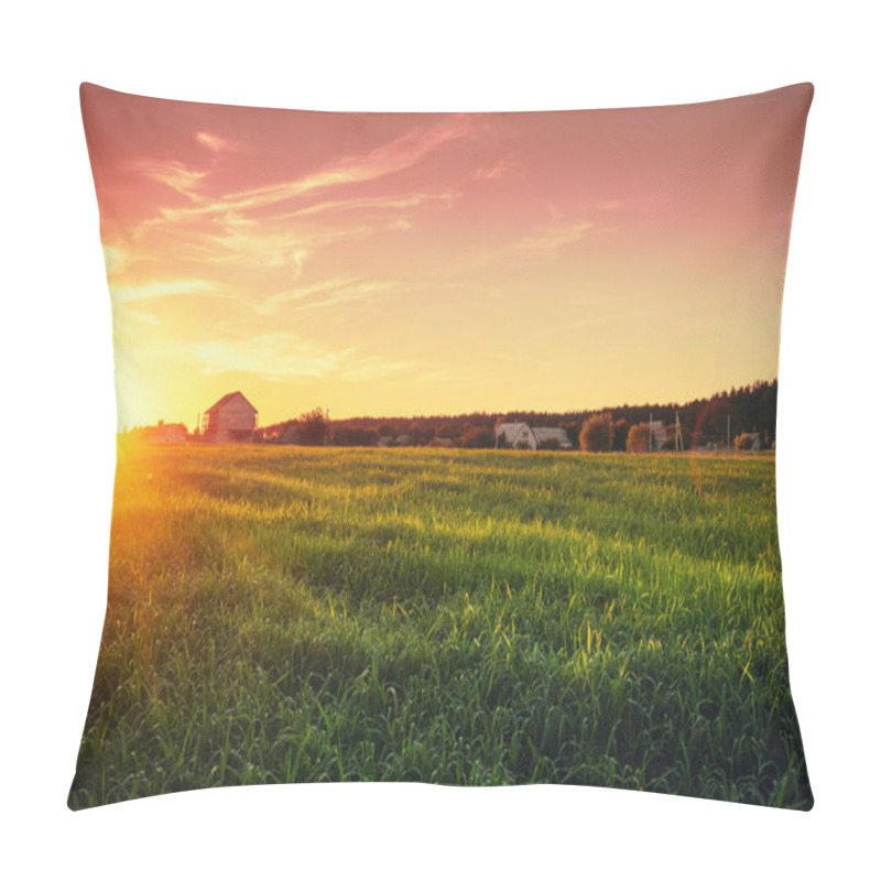 Personality  Rural Landscape With Beautiful Gradient Evening Sky At Sunset. Green Field And Village On Horizon Pillow Covers