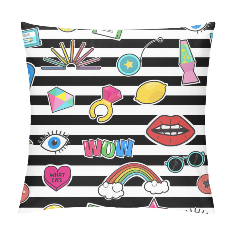 Personality  Retro 80s Or 90s Fashion Style Abstract Seamless Pattern Background With Stickers.Vector Illustration. Pillow Covers