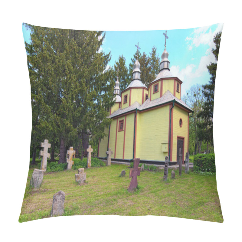 Personality  Wide-angle Landscape View Of Ancient Wooden Church With Cemetery And Old Stone Crosses. Concept Of Historical Buildings Of Ancient Ukraine. Museum Of Architecture.  Pillow Covers