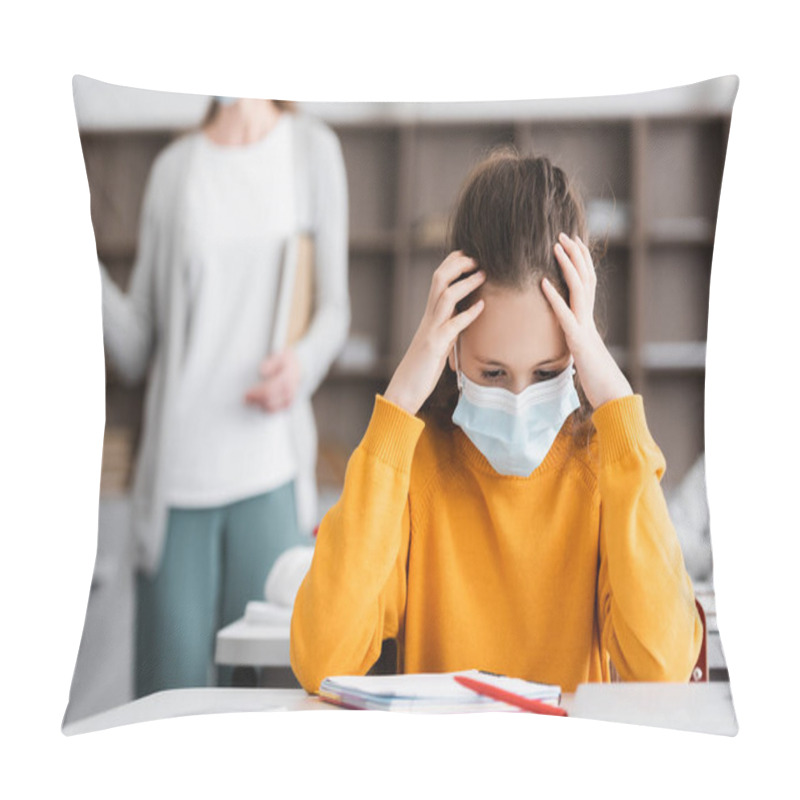 Personality  Exhausted Schoolgirl In Medical Mask Touching Head During Lesson Pillow Covers